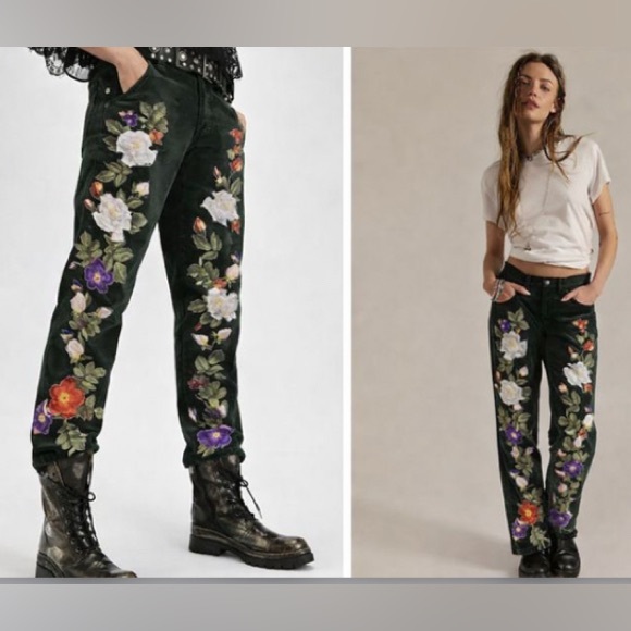 Hand Crafted Pants - Shabby chic Floral Embroidered Pants
